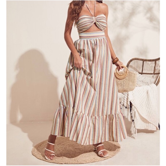 BellanBlue Dresses & Skirts - Boho Stripes Halter Ruffle Maxi Dress Sexy